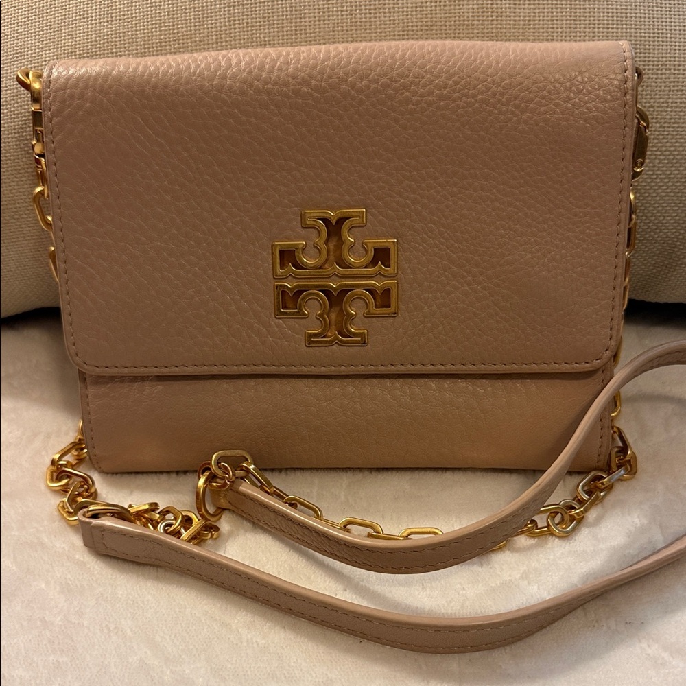 Tory Burch Beige/Nude Leather Crossbody Bag with Gold Logo